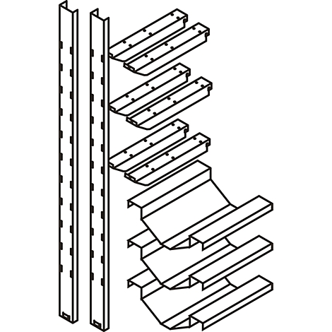 Overhead view: Parts of a shelf system, black line drawing, disassembled into individual parts.