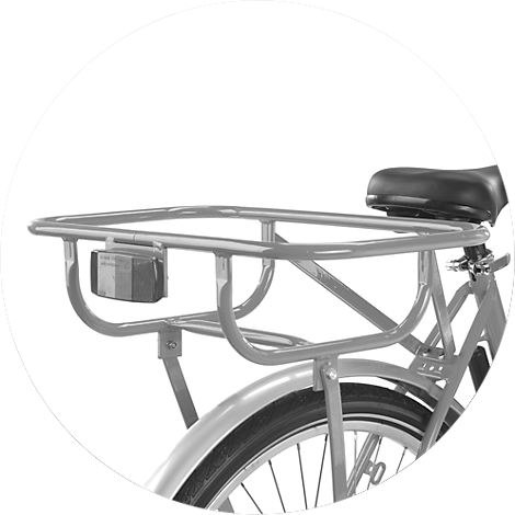 Bicycle with luggage carrier and taillight. Detail shot, gray color on a white background.
