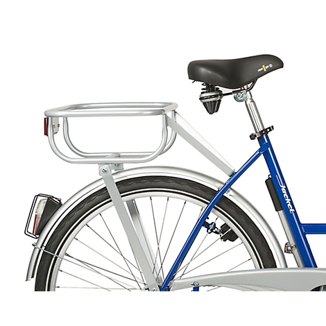 Close-up of a bicycle, silver luggage rack, blue frame, black saddle, silver fenders.