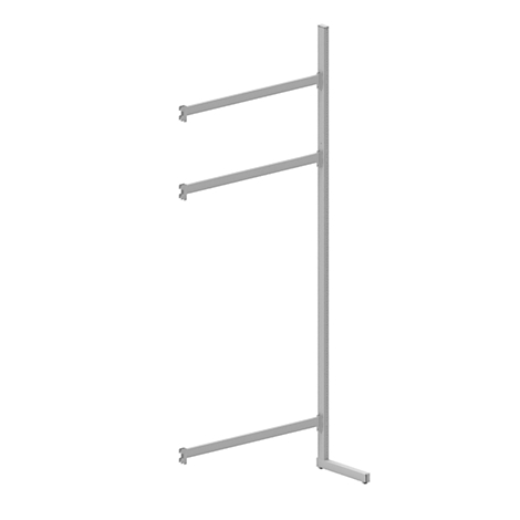 Gray metal shelf with three arms against a white background.