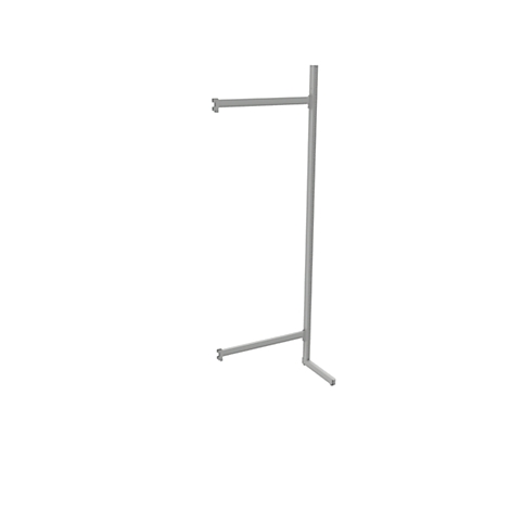 A white freestanding clothing rack frame, its vertical pole extending upwards, with a horizontal bar for clothes.