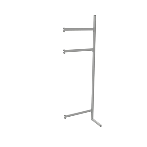 Freestanding metal clothes rack, grey, with two rods.