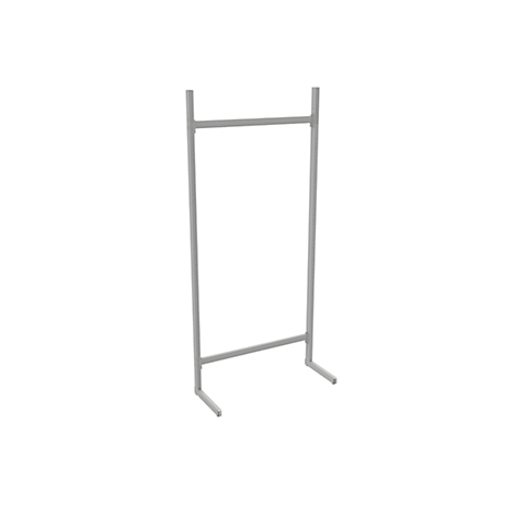 Gray metal construction, free-standing, for presentation purposes. Vertical bars, horizontal crossbar and foot.
