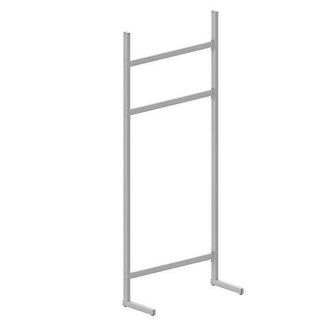 Gray metal ladder frame. Two crossbars connected by two vertical bars. Feet for standing.