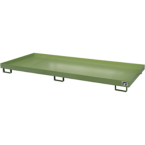 Green, rectangular metal tray on black feet. With a manufacturer's logo in the bottom right.