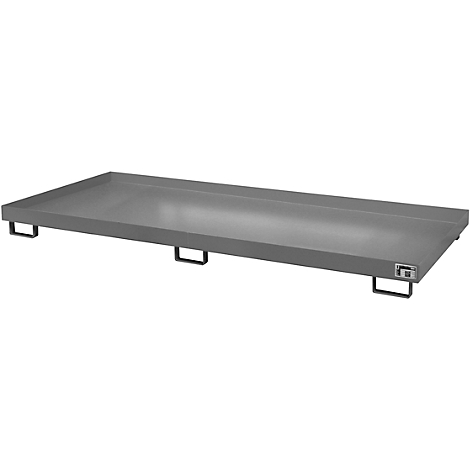 Gray metal pallet with legs, rectangular, against a white background. Logo on the bottom right.