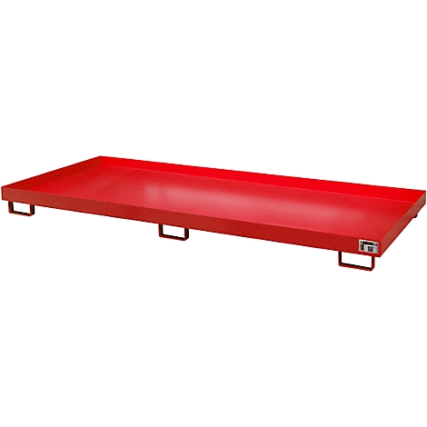 Red, rectangular drip pan with four feet. A white company logo is on the side.