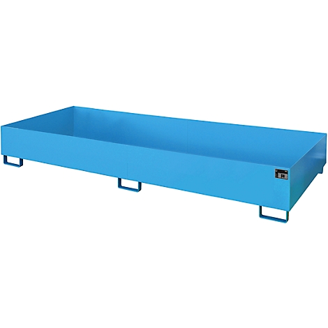 Blue rectangular trough on four metal legs.