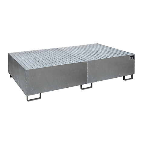 Metal pallet with a grid surface, on a light grey background. Angular shape, metal feet. Ideal for industrial applications.