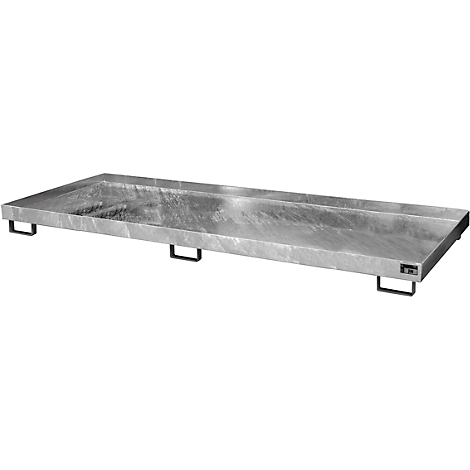 Rectangular metal trough with legs. Gray, shiny surface, ideal for industrial purposes.