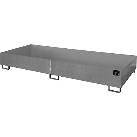 A rectangular gray metal container stands on black, U-shaped feet. The container has an open top.