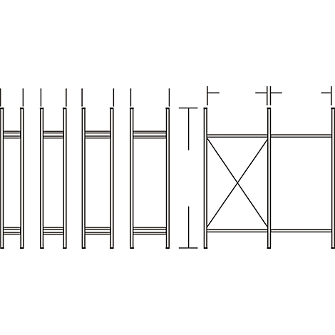 Line drawings of a scaffolding structure with dimensions. A diagonal strut stabilizes the scaffolding.