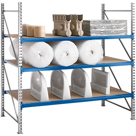 Shelf with products: toilets, rolls, containers. Metal shelf, blue-silver, arranged on brown floors.