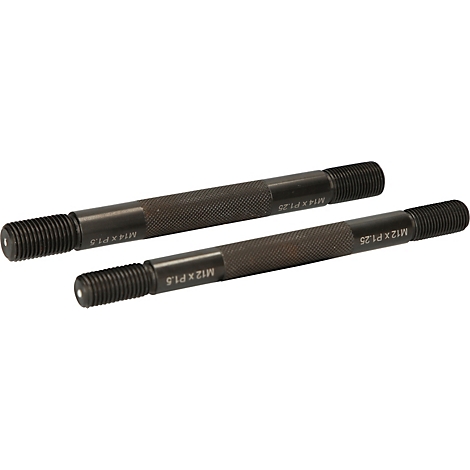 Zwei schwarze Werkzeuge mit Gewinde und geriffelten Griffen. Aufschrift: M12 x P1.5 und M14 x P1.25.