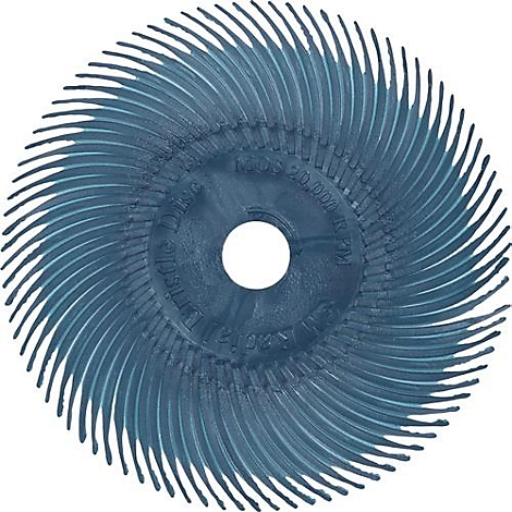 Blauw slijpwiel met spiraalvormige borstelharen en een centraal gat. Tekst op het wiel.