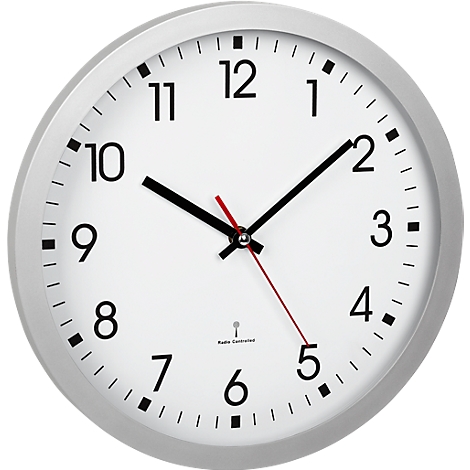 A round wall clock with a silver frame, white dial, and black numerals. The minute hand points to the 10, the hour hand to the 2.