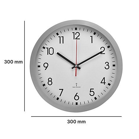 Grey wall clock with a white face, black hands, a red second hand. Dimensions 300mm.