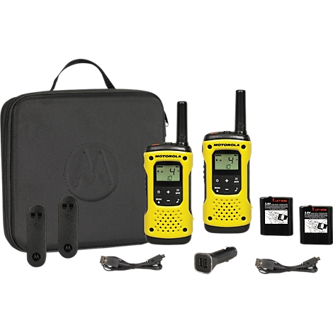 Two yellow and black walkie-talkies with accessories like a case, batteries and chargers.