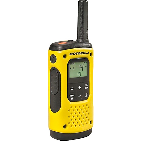 Yellow walkie-talkie with black antenna and buttons. The display reads "4" and "10". Motorola brand name visible.
