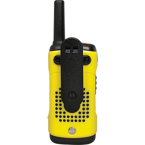 Back view of a yellow walkie-talkie with black belt clip.