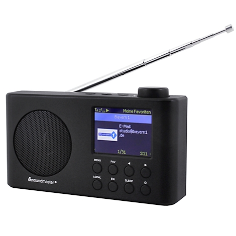 Radio numérique noir avec antenne, écran et boutons. Une adresse e-mail est visible sur l'écran.