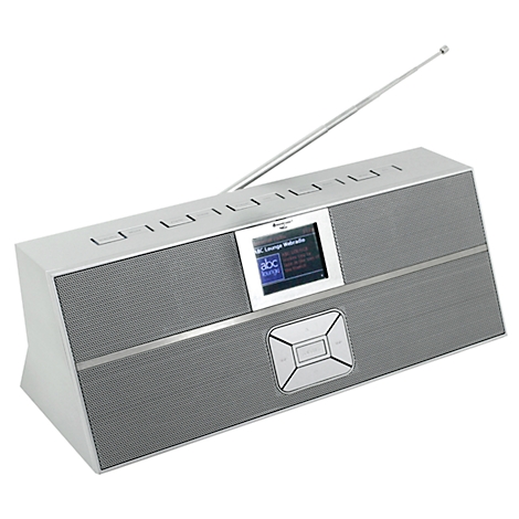 Radio gris avec écran et antenne. Le logo BBC Lounge Welradio est visible sur l'écran.