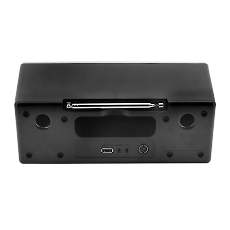 Arrière d'une radio noire avec antenne, ports et trous. La texture de la radio est lisse et mate.