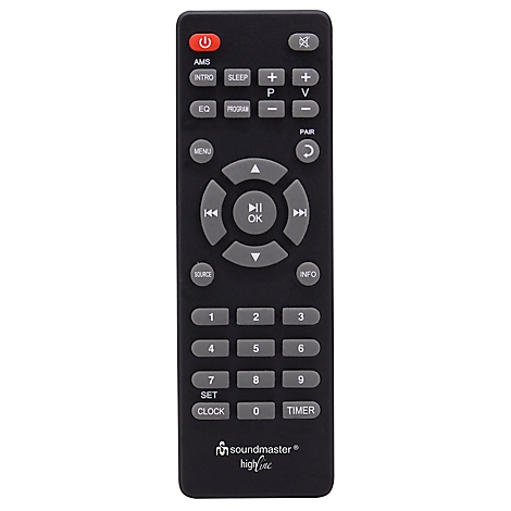 Télécommande noire avec de nombreux boutons gris et un bouton d'alimentation rouge. Soundmaster est écrit en bas.
