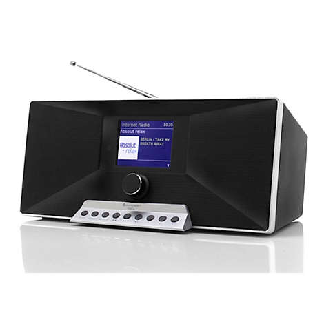 Radio Internet noire avec écran et antenne. Il affiche les informations de la station et une horloge.