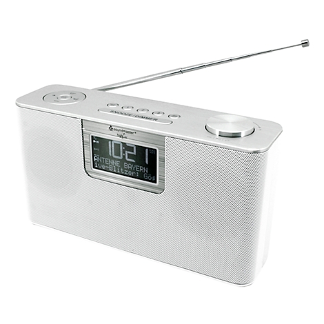 Radio argenté avec écran, heure 10h21, antenne déployée.
