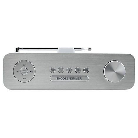 Une radio argentée avec des boutons et une tige d'antenne extensible.