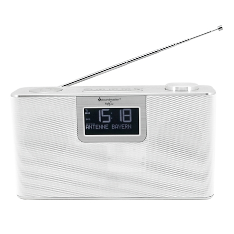 Radio blanc avec antenne extensible. L'écran affiche 15:18 et Antenne Bayern.