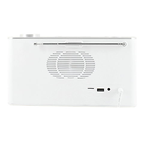 Radio blanc vu de dos, avec grille de haut-parleur, antenne, port USB et sortie jack.