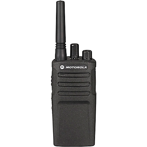 Talkie-walkie noir avec antenne, commandes rotatives et logo Motorola.