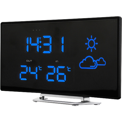 Réveil numérique noir avec affichage bleu : heure, température intérieure et extérieure, prévisions météo.