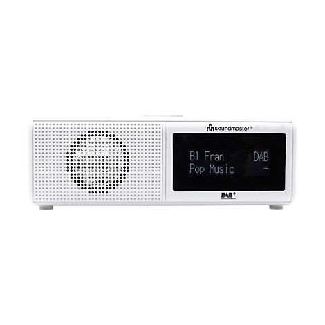 Radio numérique blanc avec haut-parleur et écran. L'écran affiche le nom de la station et le genre musical. La radio a un look simple et moderne.