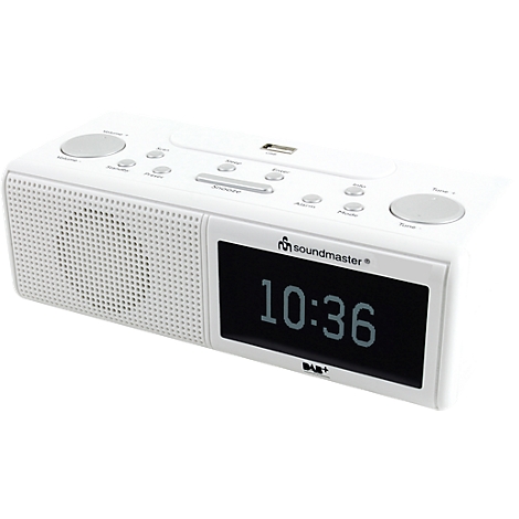 Une radio numérique blanche avec un grand écran affichant l'heure 10h36, par soundmaster.