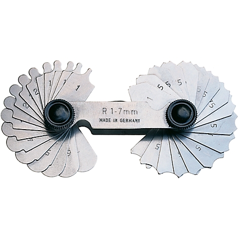 A silver radius gauge set with printed numbers. The gauge has the inscription "R 1-7mm MADE IN GERMANY".