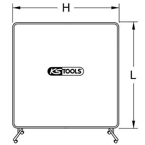 Skizze einer rechteckigen Werkzeugwand mit Rädern, Maße H und L, Logo 'KS TOOLS'.