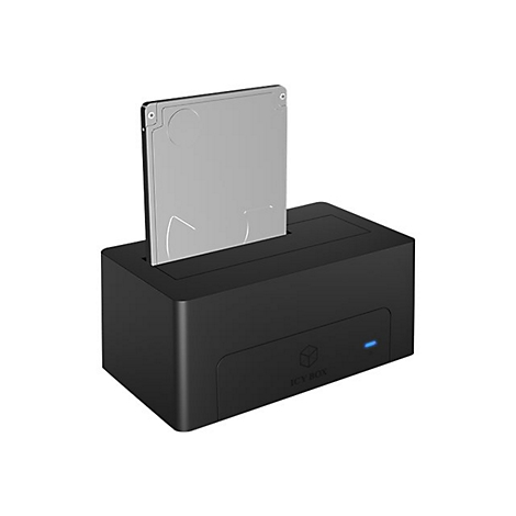 Schwarze Festplatten-Dockingstation mit eingelegter SSD-Festplatte. Auf der Vorderseite ein blaues Licht und ein Markenlogo.