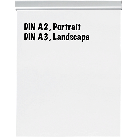 Papier blanc, avec un rail argenté en haut. Sur le papier est écrit en noir "DIN A2, Portrait" et "DIN A3, Landscape".