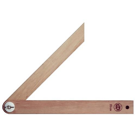 Une règle en bois pliable, ouverte à un angle de 90 degrés. Sur une jambe, il y a écrit 35 cm.
