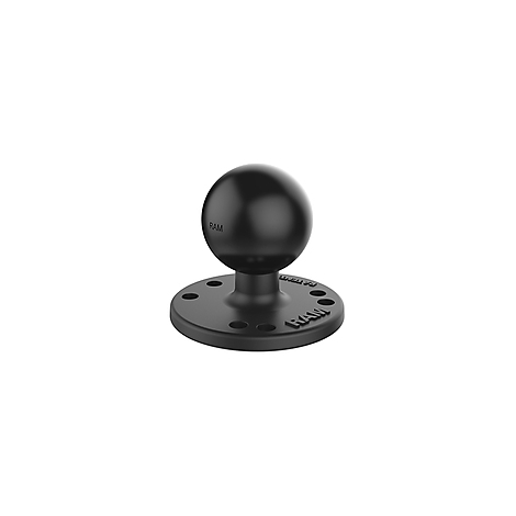 Schwarze Kugel mit Halterung und Schraublöchern, RAM-Logo.