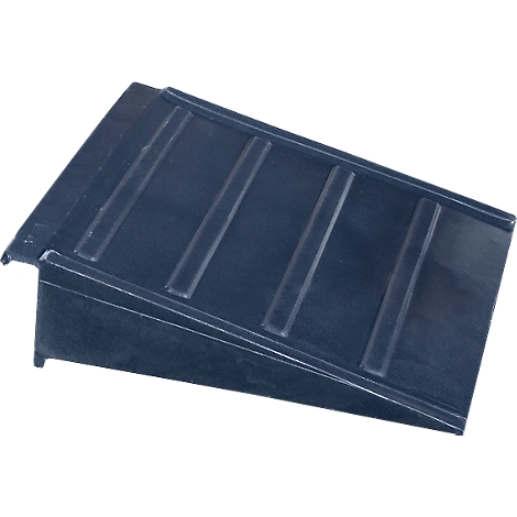 Dark blue wheelchair ramp with a ribbed surface.