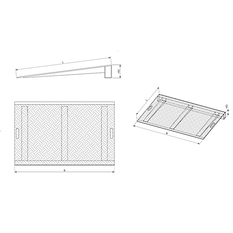Dessin technique d'une rampe avec dimensions et détails. Vue de dessus, vue de côté et vue en perspective.