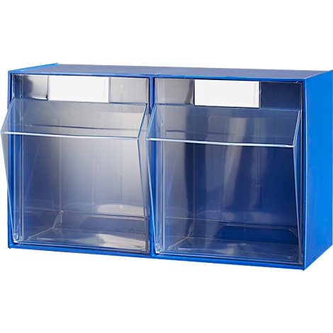 Boîte murale en plastique bleu à deux compartiments avec rabats transparents.