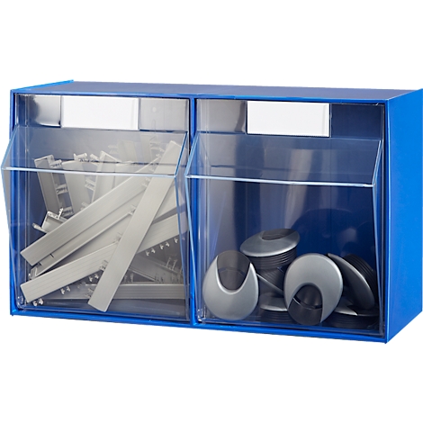 Conteneur bleu à deux compartiments remplis de pièces grises et noires. Façades en plastique transparent.