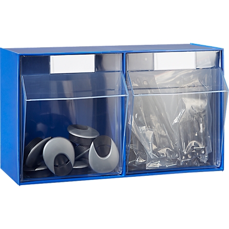 Boîte murale bleue avec deux compartiments, remplie d'accessoires dans des conteneurs transparents.
