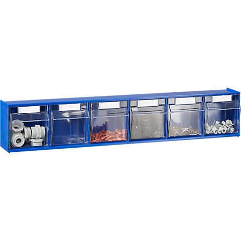 Étagère bleue avec six tiroirs transparents, remplis de petites pièces, vis, câbles et plus encore.