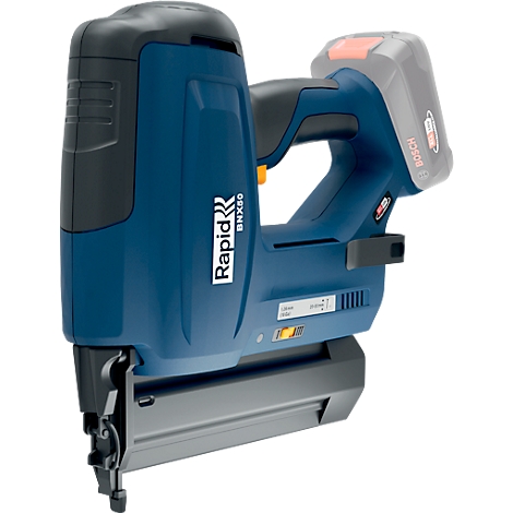 Blauwe snoerloze nietmachine, Rapid BNX50, met zwarte handgreep en Bosch-batterij.
